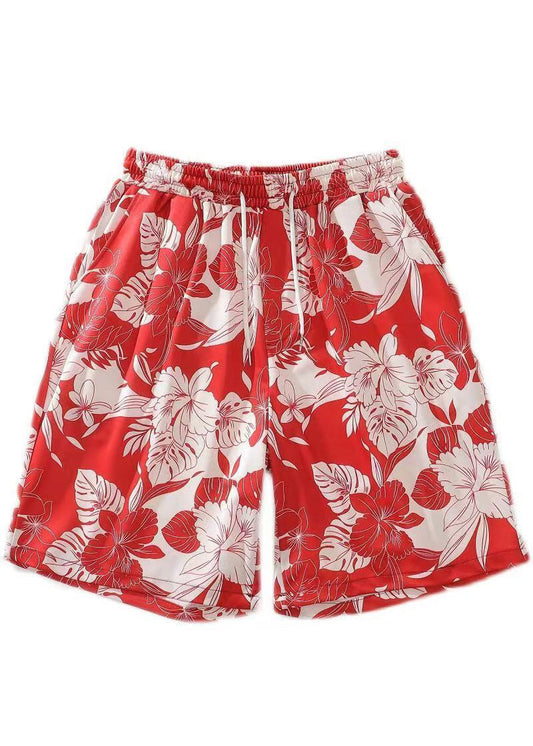 Beach Red Print Lace Up Cotton Shorts Summer