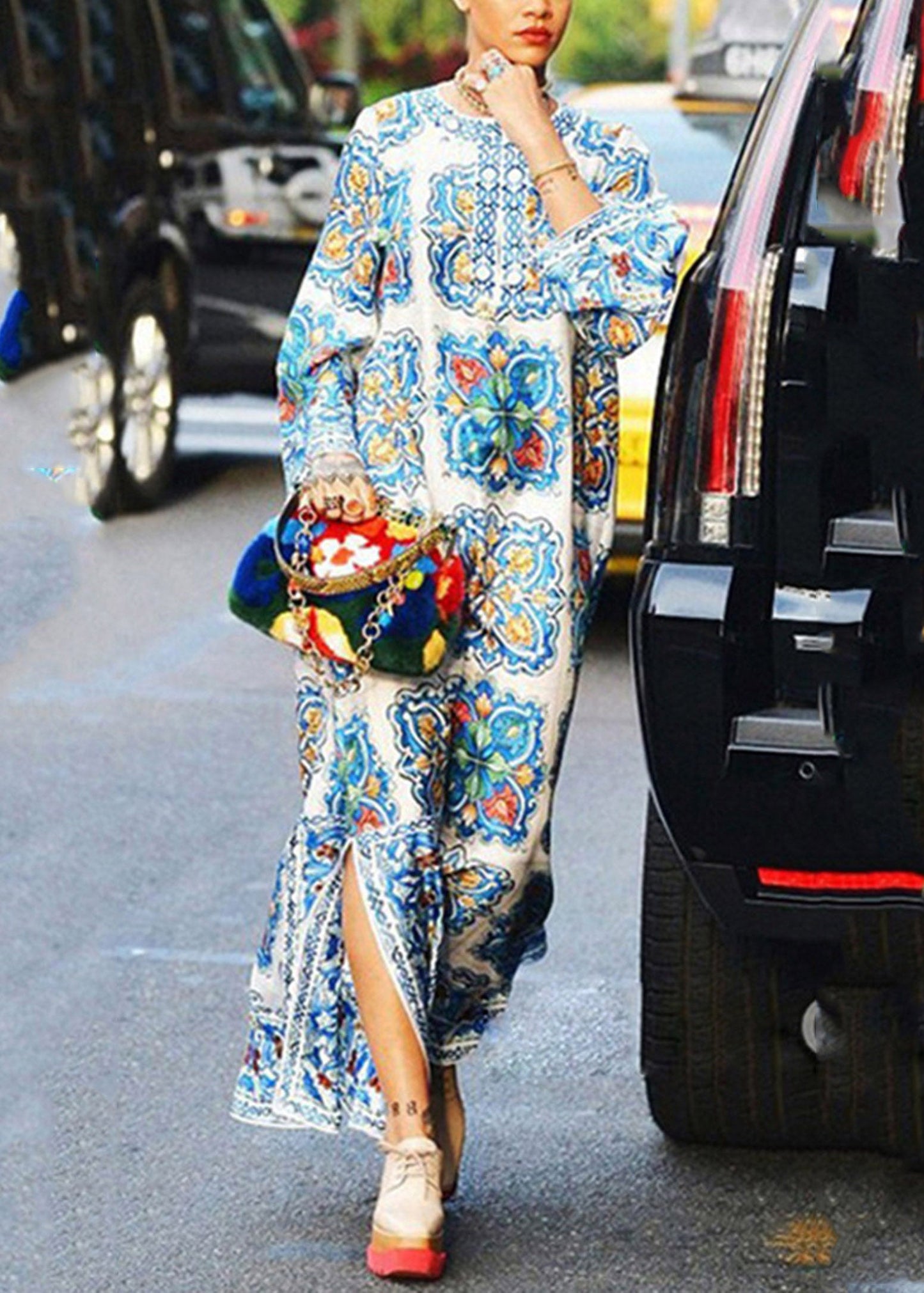 Beach V Neck Print Tie Waist Maxi Dress Fall