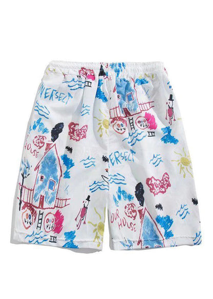 Beach White Print Elastic Waist Cotton Summer Beach Shorts