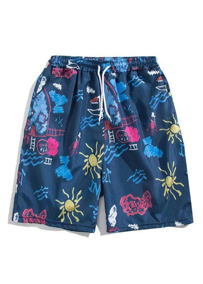 Beach White Print Elastic Waist Cotton Summer Beach Shorts