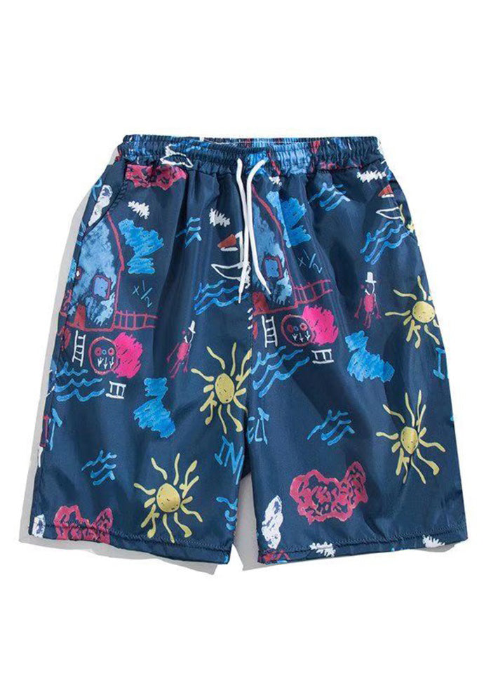 Beach White Print Elastic Waist Cotton Summer Beach Shorts