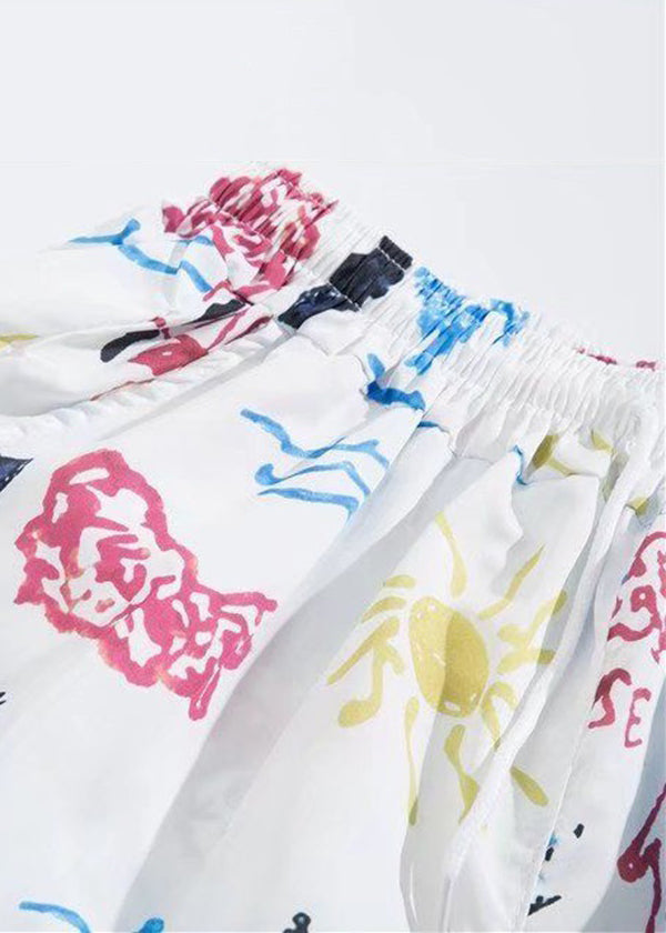 Beach White Print Elastic Waist Cotton Summer Beach Shorts