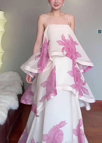 Beach White Print Maxi Spaghetti Strap Dress Summer