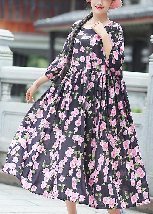 Beach Black Print Chiffon Clothes Ideas O Neck Half Sleeve Summer Dress