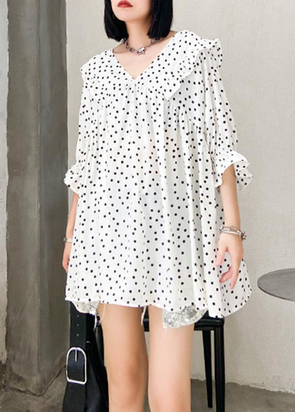 Beach White Dotted Chiffon Clothes Sleeve V Neck Ruffles Love Tops