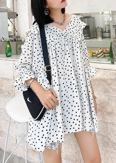 Beach White Dotted Chiffon Clothes Sleeve V Neck Ruffles Love Tops