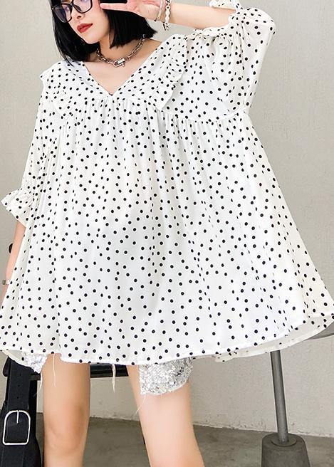 Beach White Dotted Chiffon Clothes Sleeve V Neck Ruffles Love Tops