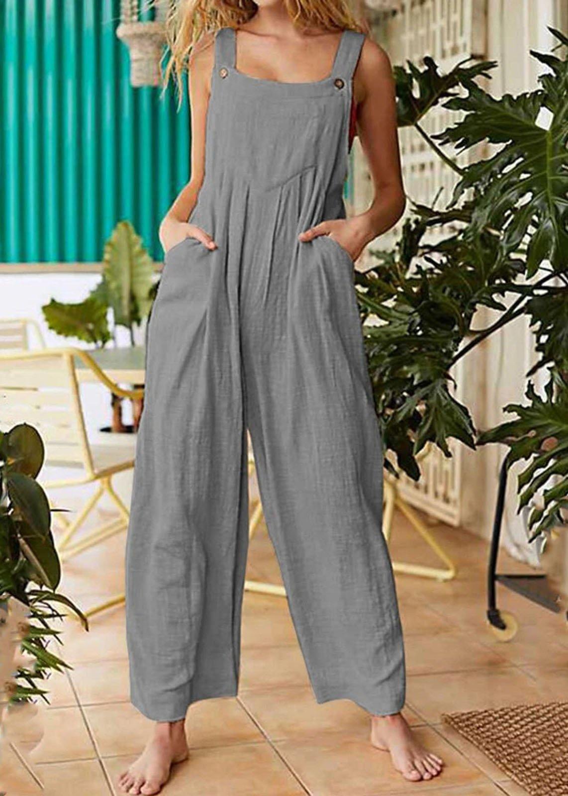 Pockets Patchwork Button Jumpsuit Pants
