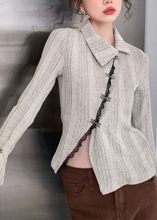 Apricot Asymmetrical Patchwork Knit Sweater Tops Long Sleeve