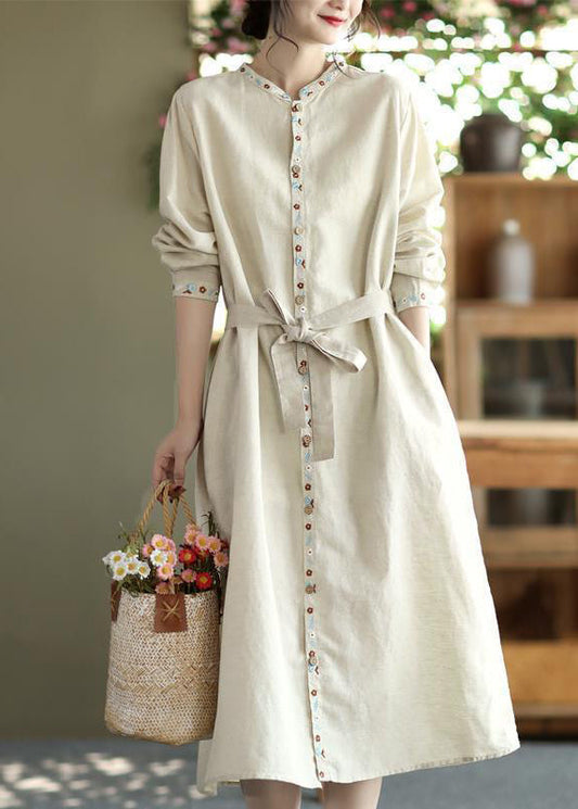 Apricot Embroidered Button Tie Waist Cotton Dress Fall