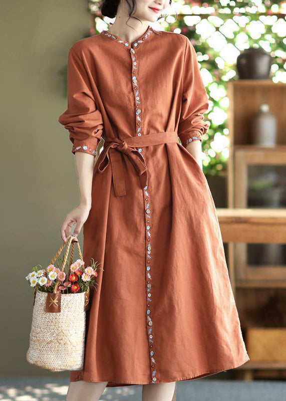 Apricot Embroidered Button Tie Waist Cotton Dress Fall