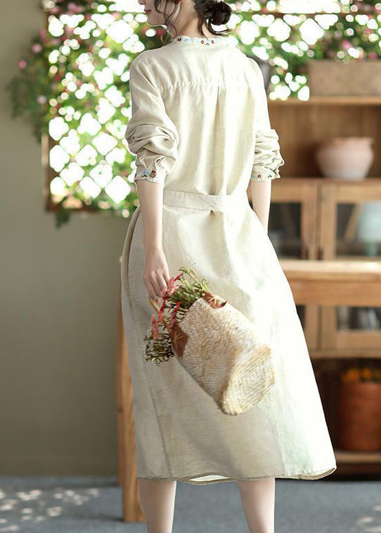 Apricot Embroidered Button Tie Waist Cotton Dress Fall