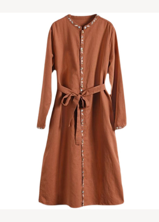 Apricot Embroidered Button Tie Waist Cotton Dress Fall