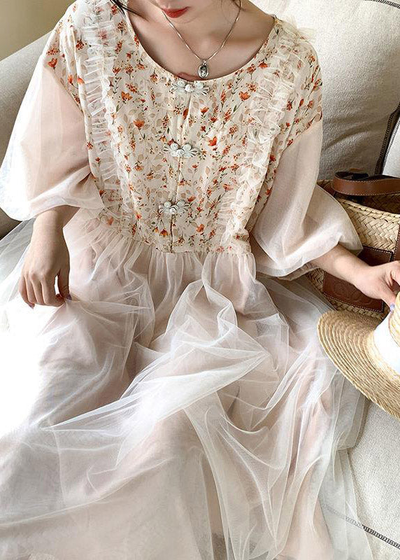 Apricot O-neck Embroideried Tulle Patchwork Maxi Dresses Half Sleeve