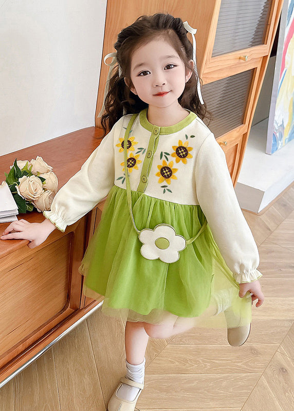 Apricot O-neck Tulle Patchwork Kids Mid Dress Fall