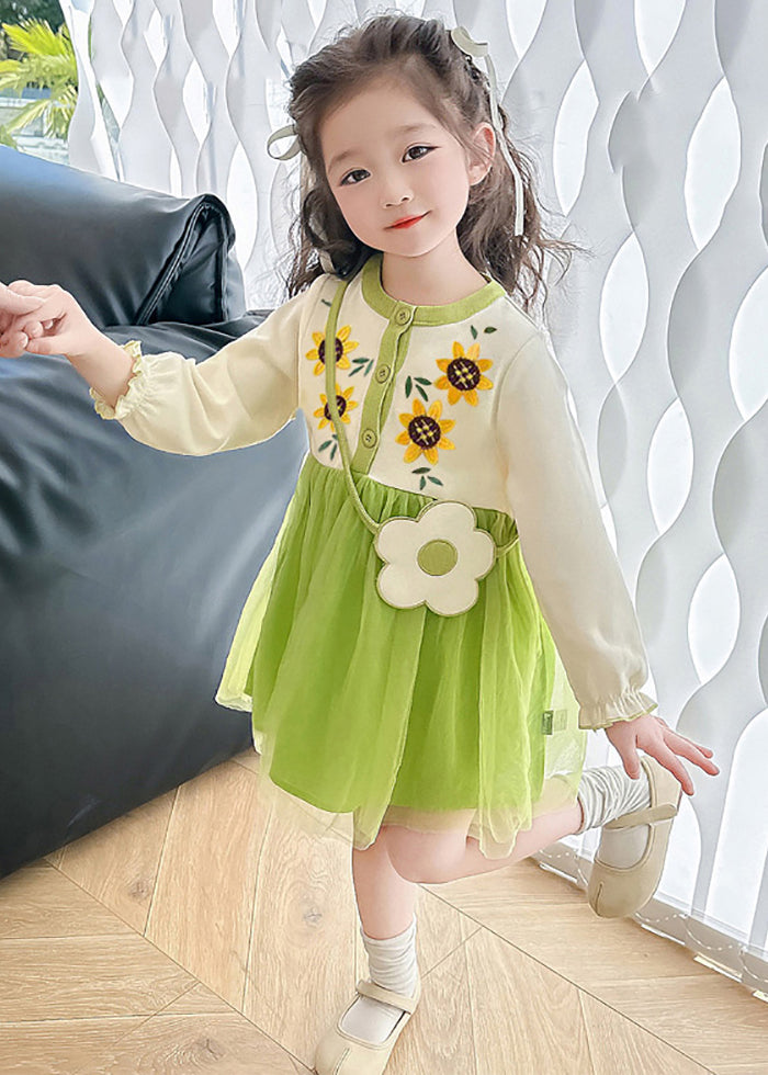 Apricot O-neck Tulle Patchwork Kids Mid Dress Fall
