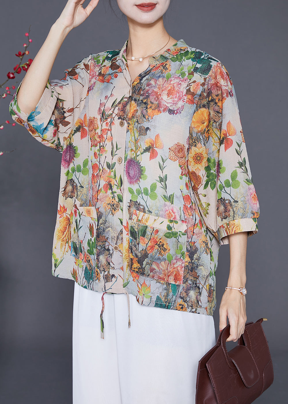 Apricot Oversized Print Chiffon Shirt Top Half Sleeve