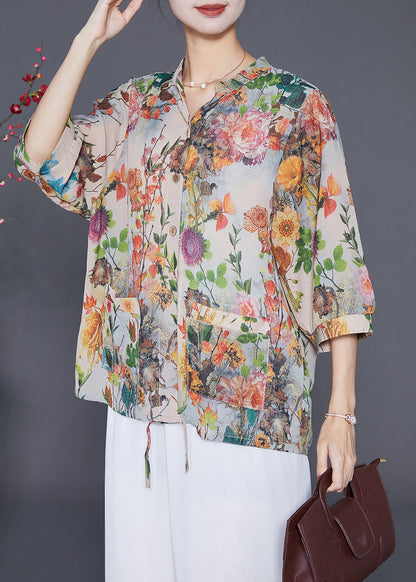 Apricot Oversized Print Chiffon Shirt Top Half Sleeve