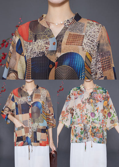 Apricot Oversized Print Chiffon Shirt Top Half Sleeve