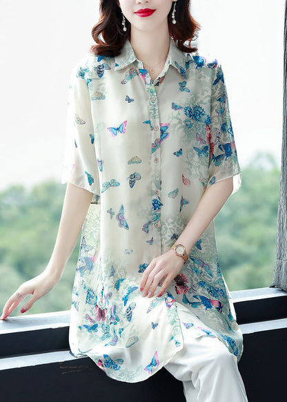 Apricot Peter Pan Collar Butterfly Print Chiffon Shirts Top Summer