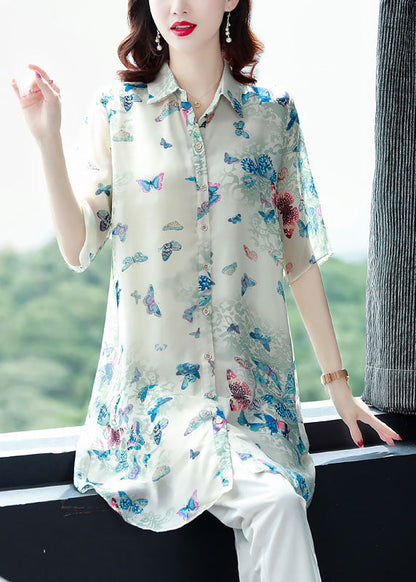 Apricot Peter Pan Collar Butterfly Print Chiffon Shirts Top Summer