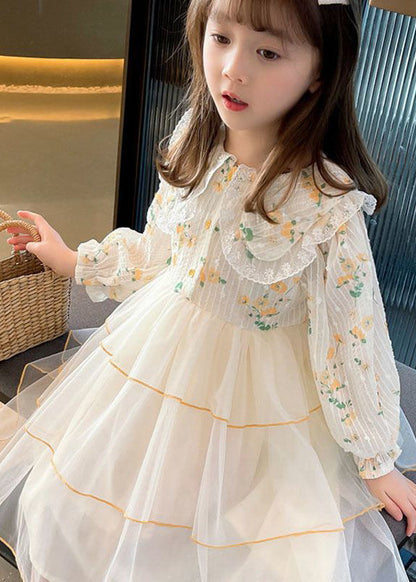 Apricot Peter Pan Collar Patchwork Tulle Long Dresses Long Sleeve
