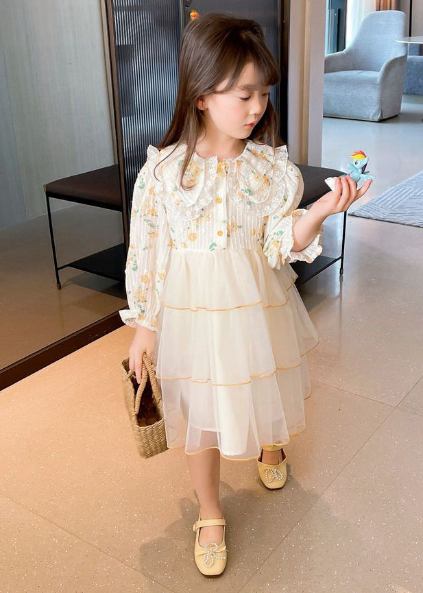 Apricot Peter Pan Collar Patchwork Tulle Long Dresses Long Sleeve