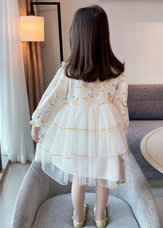 Apricot Peter Pan Collar Patchwork Tulle Long Dresses Long Sleeve