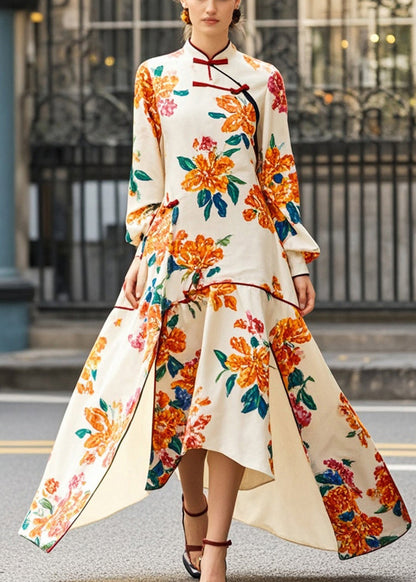 Apricot Print Asymmetrical Side Open Chinese Style Dress Spring