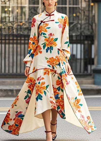 Apricot Print Asymmetrical Side Open Chinese Style Dress Spring