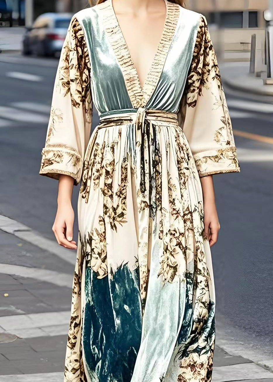 Apricot Print Exra Large Hem Silk Velvet Vacation Dresses Spring