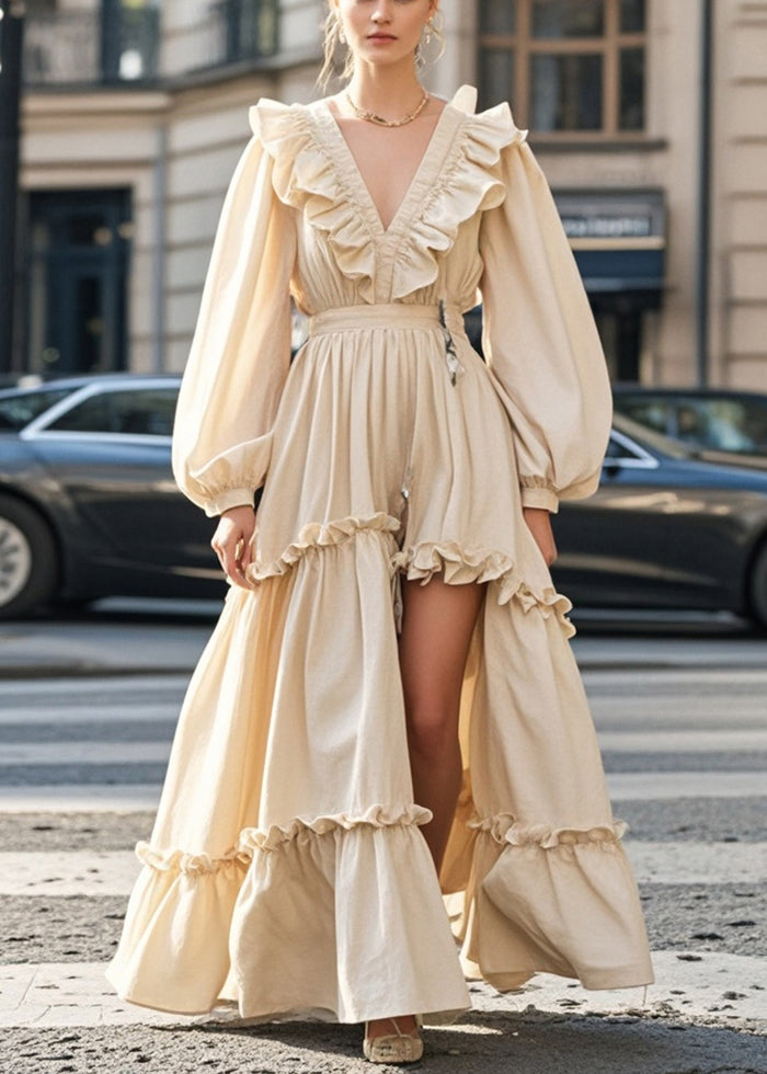 Apricot Ruffled Asymmetrical Design Cotton Vacation Dresses Spring