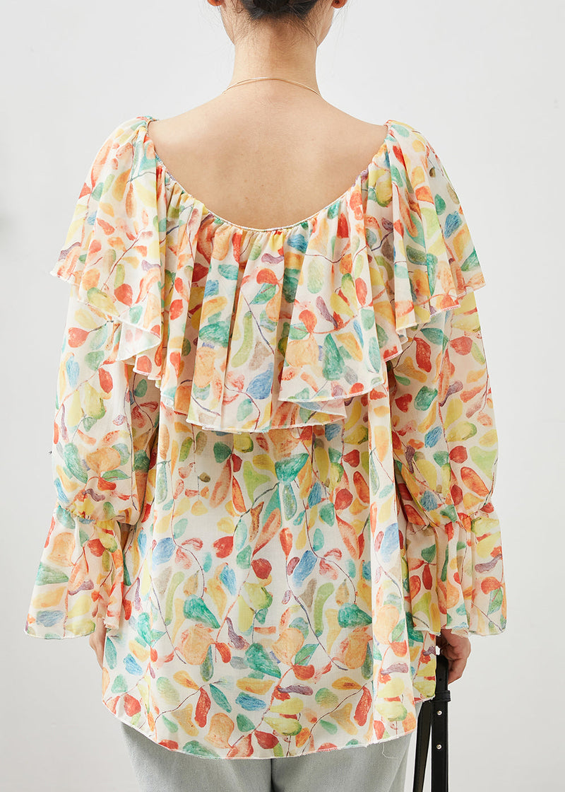 Apricot Slash Neck Print Chiffon Blouses Spring