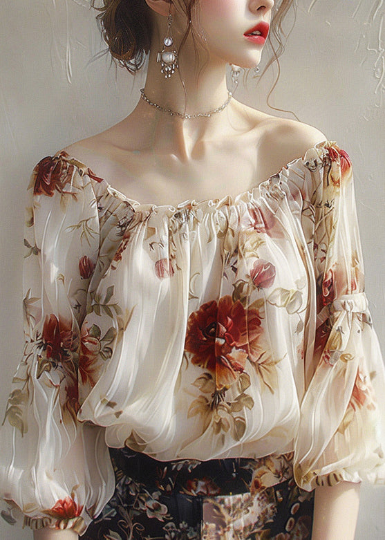 Apricot Slash Neck Print Chiffon Top Half Sleeve