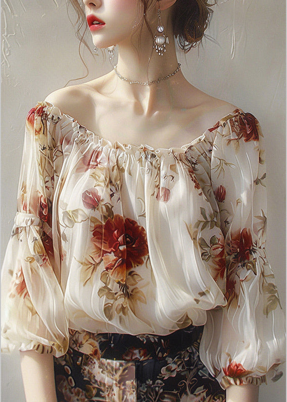 Apricot Slash Neck Print Chiffon Top Half Sleeve