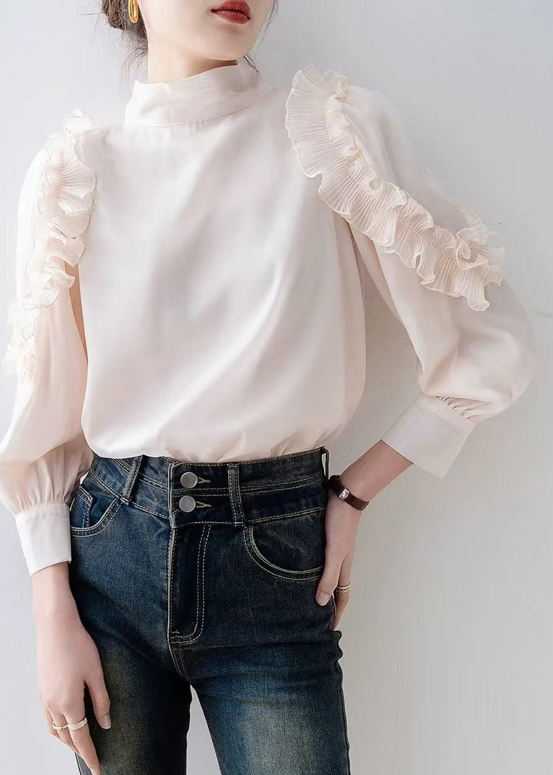 Apricot Stand Collar Ruffled Chiffon Top Spring
