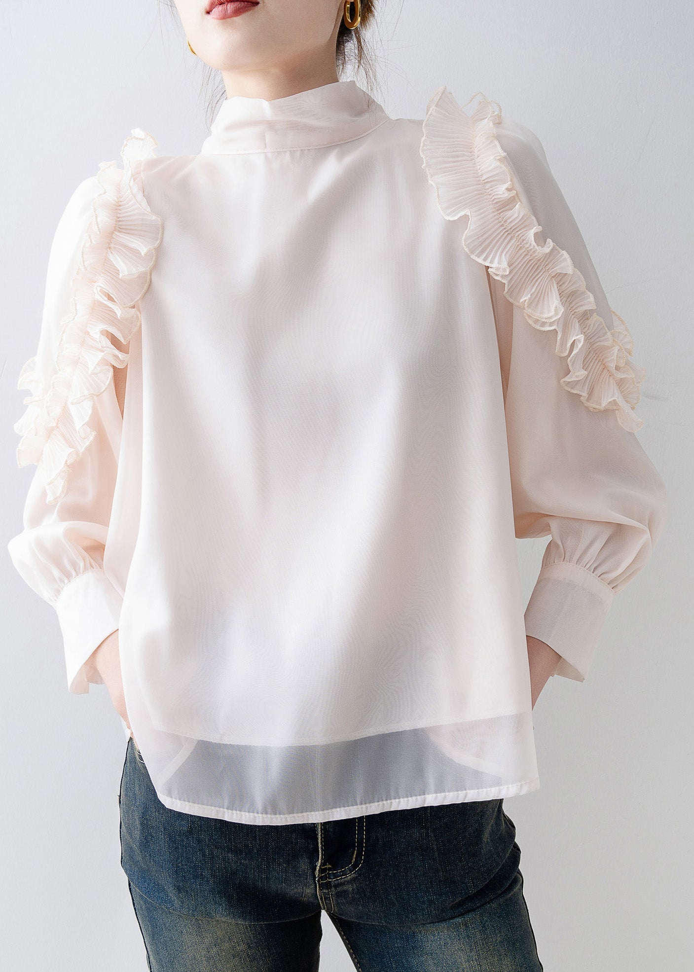 Beautiful Apricot Stand Collar Ruffled Chiffon Top Spring