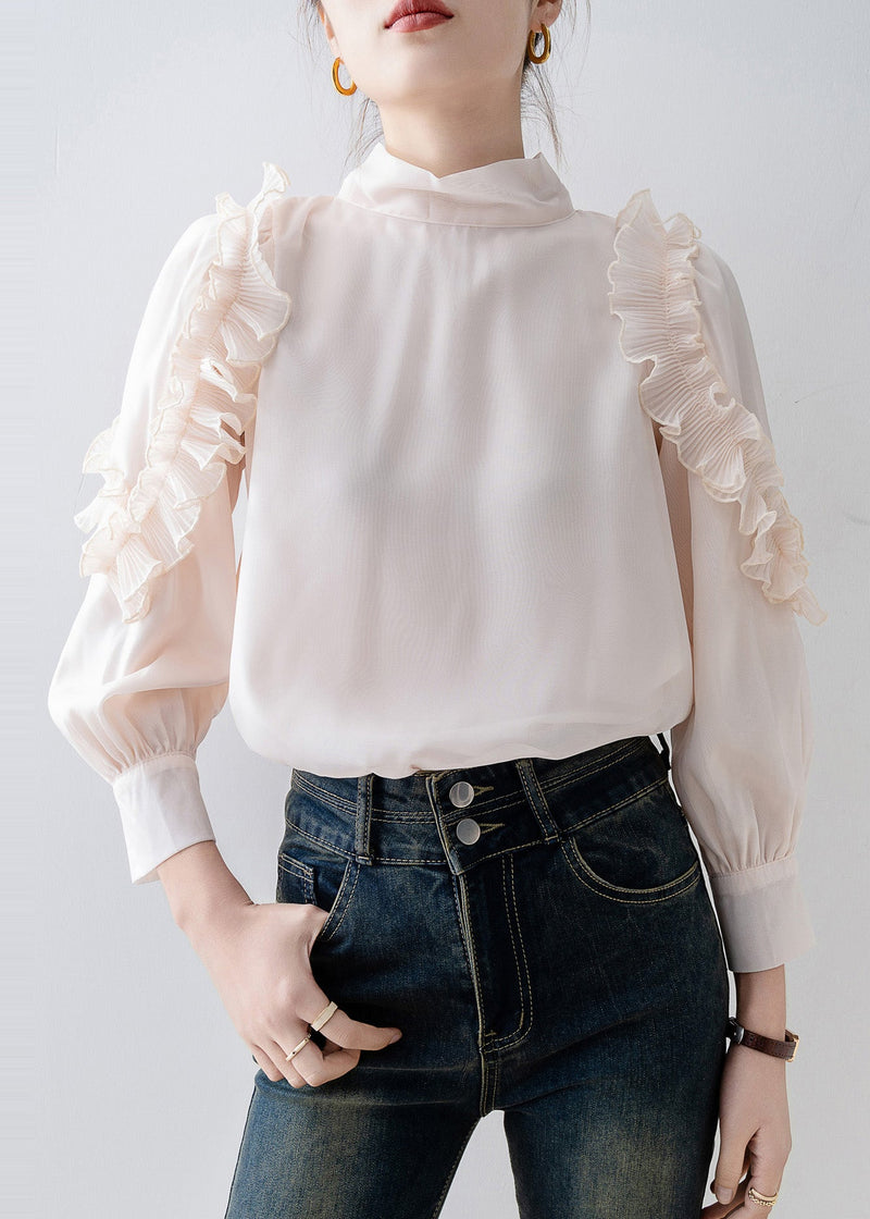 Apricot Stand Collar Ruffled Chiffon Top Spring
