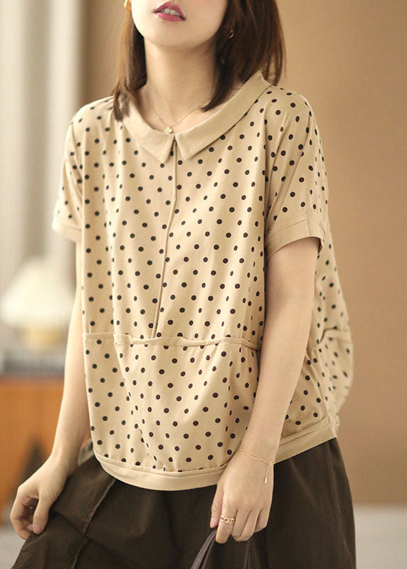 Apricot Turn-down Collar Patchwork Dot Print Cotton Shirts Short Sleeve