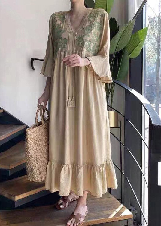 Apricot V Neck Embroideried Ruffled Tassel Tie Waist Long Dresses Flare Sleeve