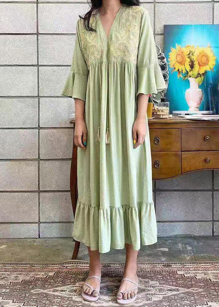 Apricot V Neck Embroideried Ruffled Tassel Tie Waist Long Dresses Flare Sleeve