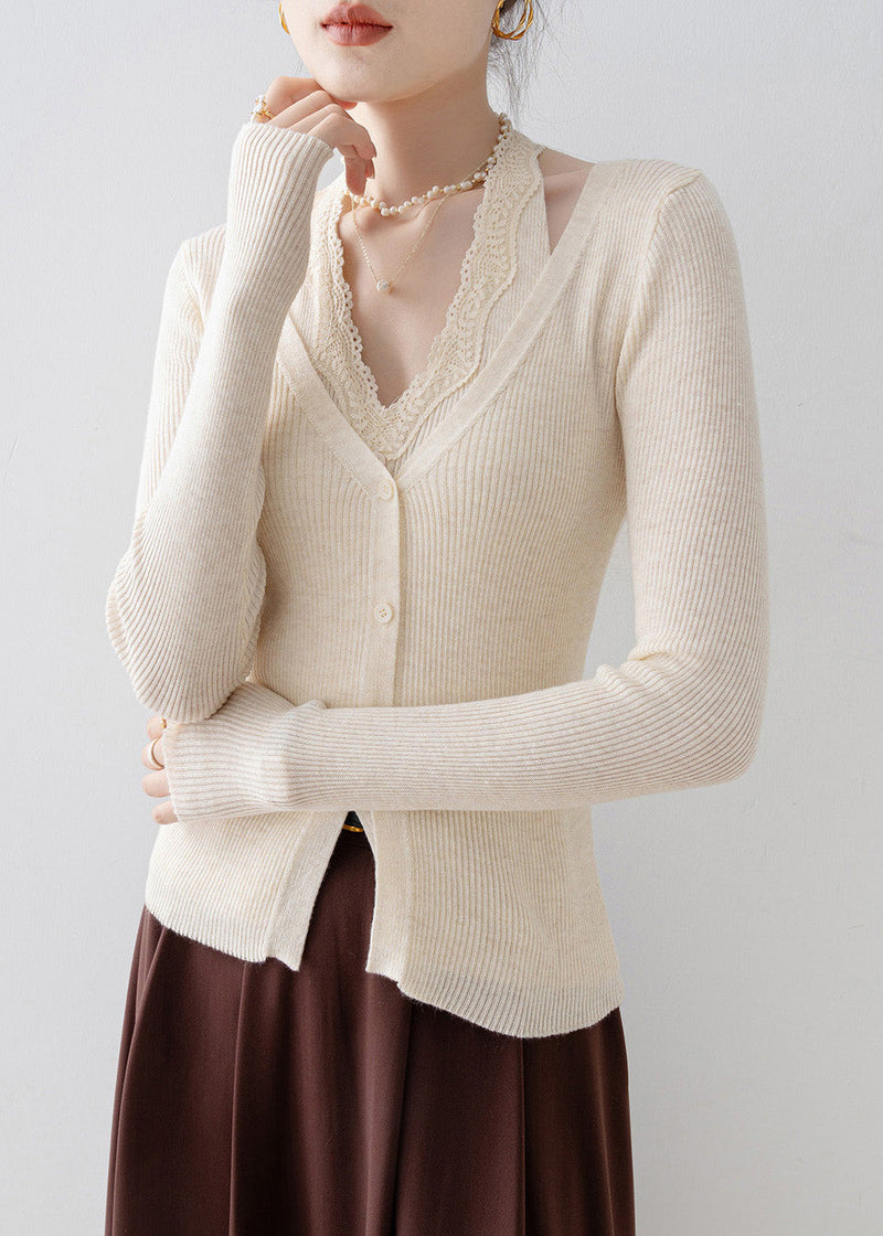 Apricot V Neck Lace Patchwork Knit Sweater Spring