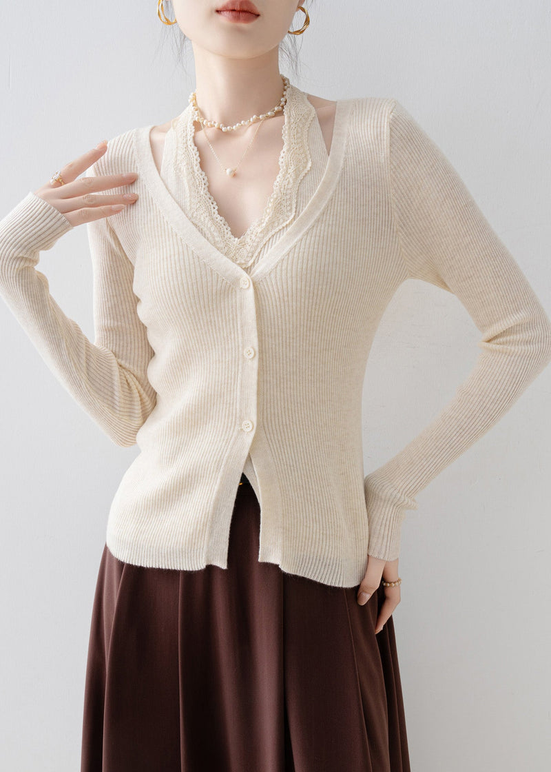 Apricot V Neck Lace Patchwork Knit Sweater Spring