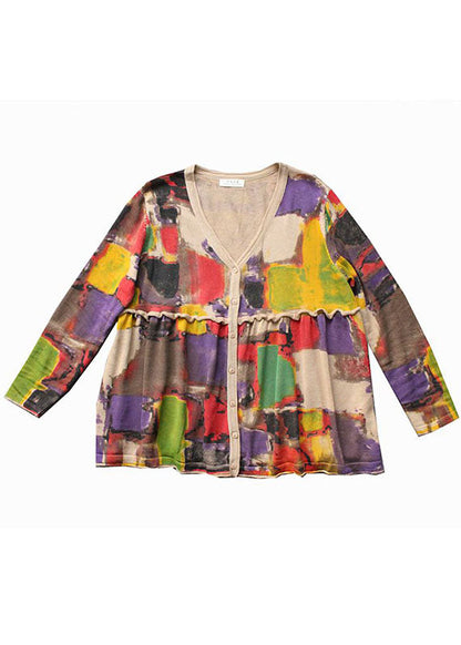 Apricot V Neck Print Button Fall Knit Sweater Coat