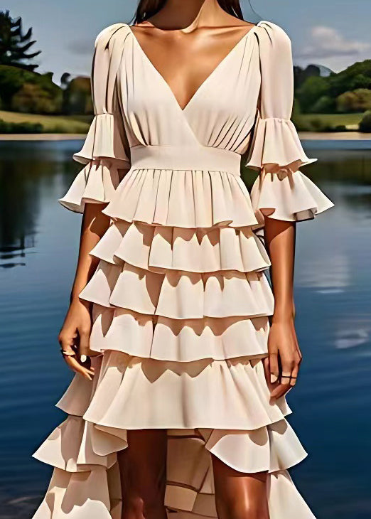Apricot V Neck Ruffled Low High Design Chiffon Dresses Flare Sleeve