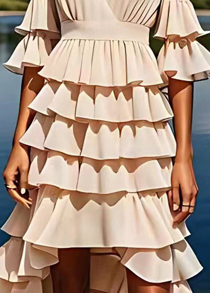 Apricot V Neck Ruffled Low High Design Chiffon Dresses Flare Sleeve