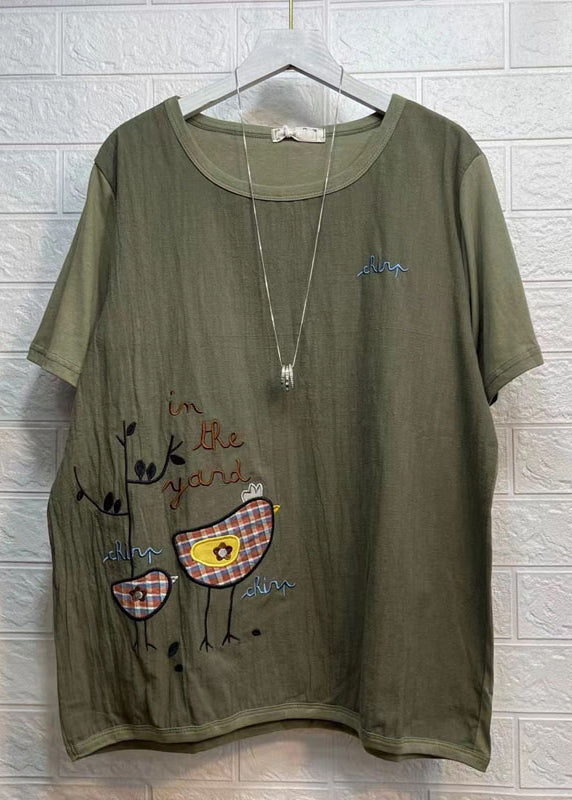 Army Green O Neck Embroideried Patchwork Cotton T Shirt Summer