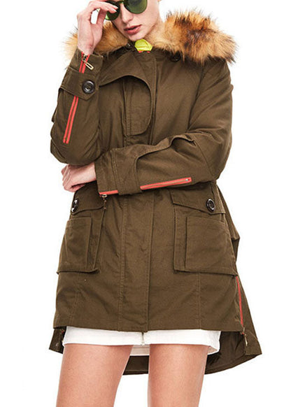 Army Green Hooded Fur Collar Tasseled Drawstring Winter Duck Down Jacket