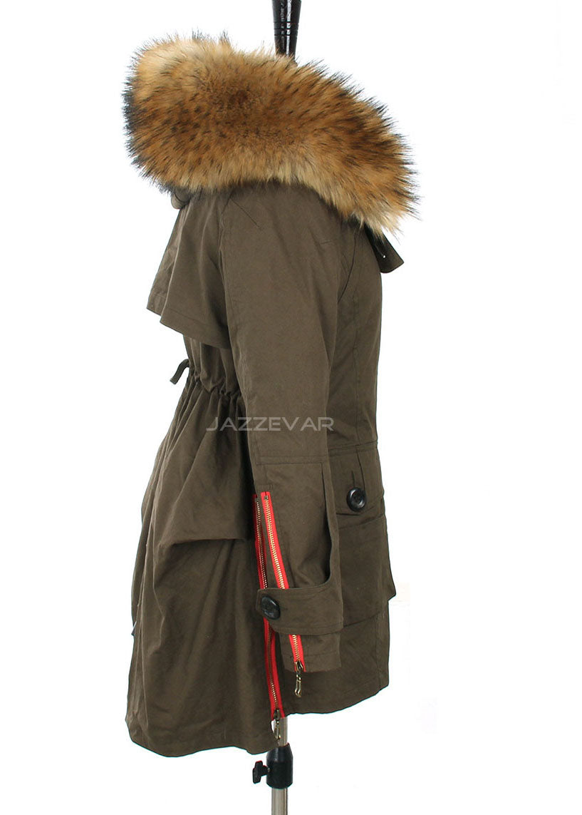 Army Green Hooded Fur Collar Tasseled Drawstring Winter Duck Down Jacket
