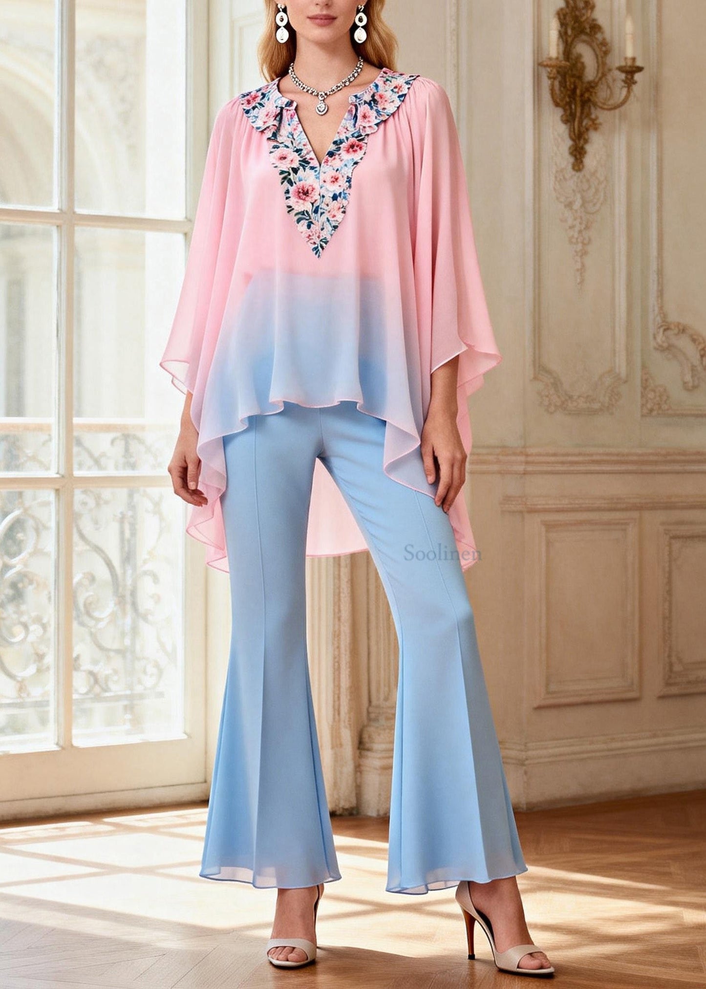 Asymmetrical Design Top and Pants Chiffon Two Pieces Set Summer
